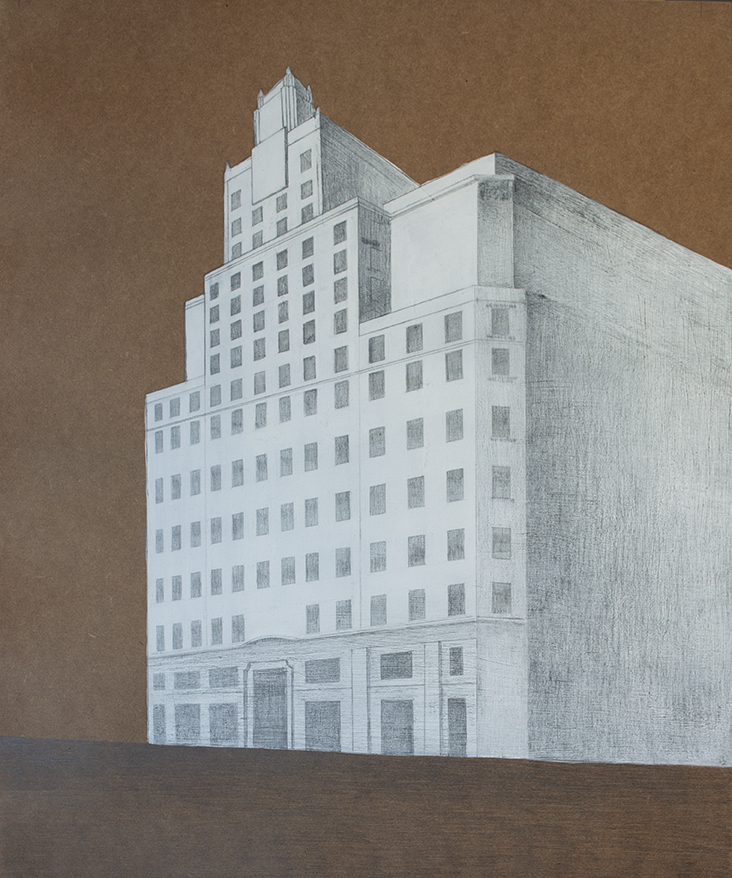 01_LZ_Edificio Telefonica_2021_65x54cm_acrilico y grafito sobre tabla La Bouquet, primera exposición individual de Leticia Zarza en Madrid